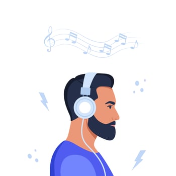 Young man with headphones listening to music. Concept of relaxation, good mood, rest. Vector illustration.
