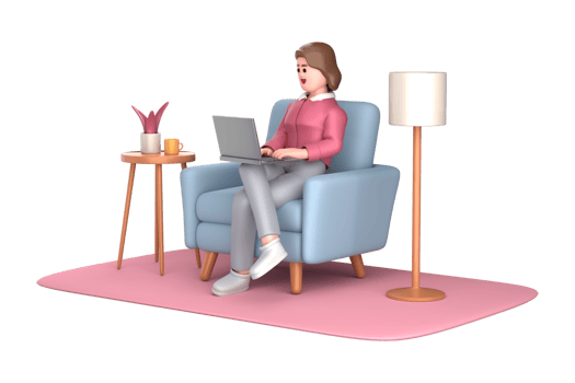 3d business woman executive pose sitting with laptop thinking about idea isolated on transparent background, 3d rendering png