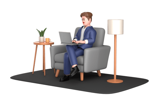3d businessman executive pose sitting with laptop thinking about idea isolated on transparent background, 3d rendering png