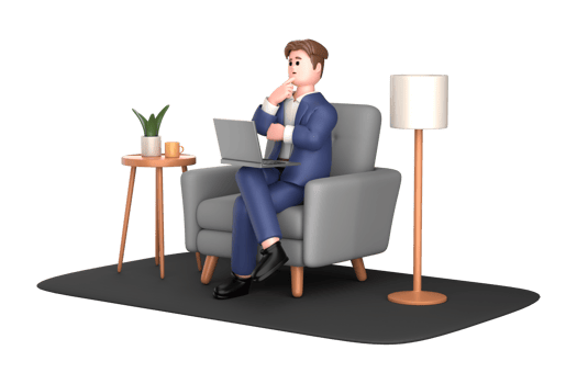 3d businessman executive pose sitting with laptop thinking about idea isolated on transparent background, 3d rendering png