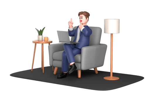 3d businessman executive pose sitting with laptop thinking about idea isolated on transparent background, 3d rendering png