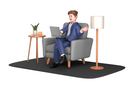 3d businessman executive pose sitting with laptop thinking about idea isolated on transparent background, 3d rendering png