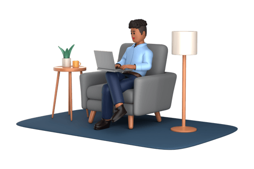 3d businessman executive pose sitting with laptop thinking about idea isolated on transparent background, 3d rendering png