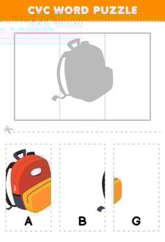 Education game for children to learn cvc word by complete the puzzle of cute cartoon bag picture printable worksheet vector