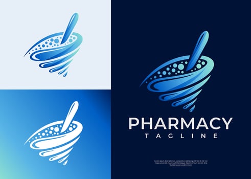 Modern abstract mortar and pestle pharmacy logo design vector
