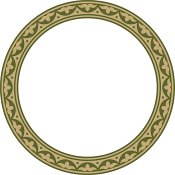 Vector green and gold round Kazakh national ornament. Ethnic pattern of the peoples of the Great Steppe,