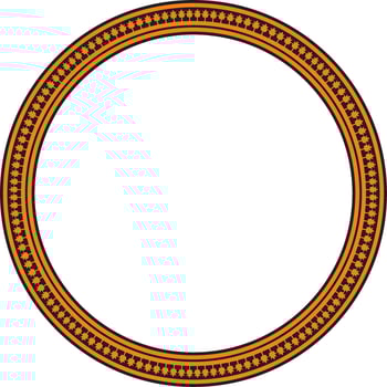 Vector gold and orange round byzantine ornament. Circle, border, frame of ancient Greece and Eastern Roman Empire. Decoration of the Russian Orthodox Church