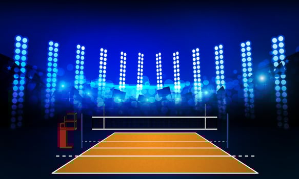Volleyball court arena field with bright stadium lights design. Vector illumination