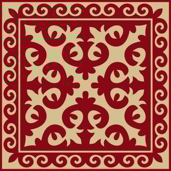 Vector red with gold Square Kazakh national ornament. Ethnic pattern of the peoples of the Great Steppe,