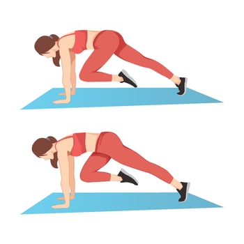 Beautiful girl doing sports exercises. slow climbers. Workout for the abs and buttocks, flat vector illustration