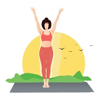 Girl practicing Utthita Tadasana yoga, Mountain Pose open hands. vector