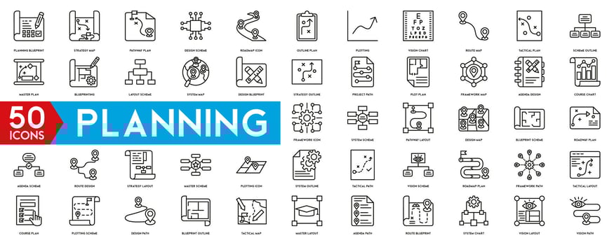 Planning icons set. Planning Blueprint, Strategy Map, Pathway Plan, organisation. Linear icon collection.. Vector illustration