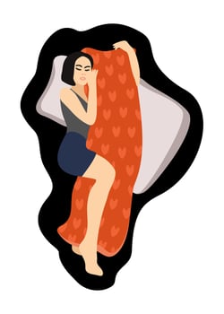 Dakimatura. Sleeping woman hugging pillow. Comfortable sleep concept. Vector illustration.