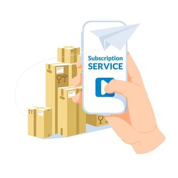 metaphor of subscription and delivery service. A hand with a big smartphone in front of a group of boxes in the background. A paper plane flies around a large smartphone. Flat vector illustration.
