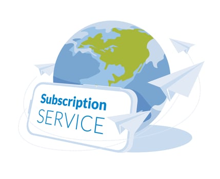 global subscription service metaphor, group of paper planes flying around big smartphone and planet earth. Flat vector illustration. Global open access.