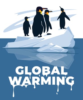 Global warming poster concept. Penguins on a melting iceberg. Vector flat illustration