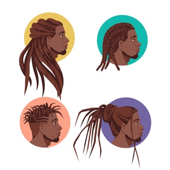 Beauty salon logo and identity. Flat vector illustration of men face. Traditional curly hairstyles of African American men.