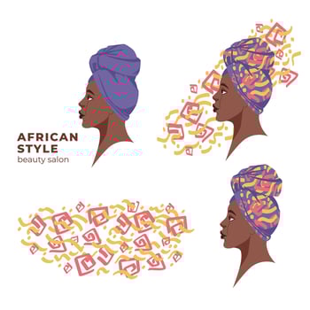 african american in a handkerchief with a print. Portrait, logo for beauty salons. Traditional african ethnic style vector