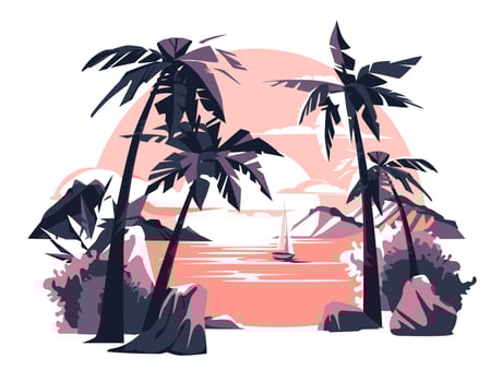 tropical sunset landscape. Purple and pink colors. Flat vector illustration