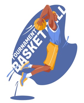 A player of the basketball team drives up to throw the ball into the basket. The nature of the sports game. Isolated on white background. Vector flat illustration