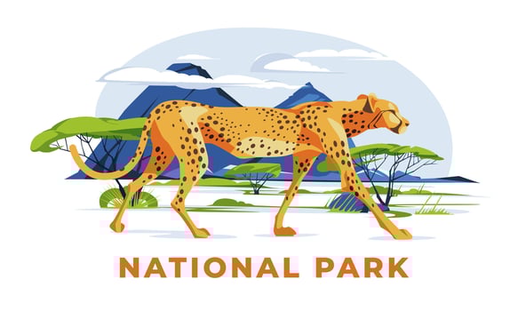 A cheetah walks alone on the savannah landscape. big cat Wild African animals in nature. Vector flat illustration