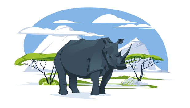 A lone rhinoceros in a savannah landscape. Wild animals of Africa. Vector flat illustration