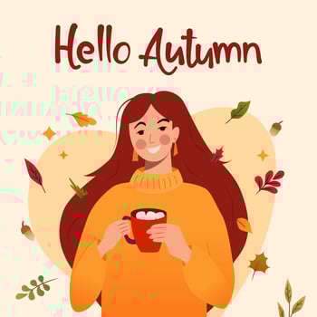A young girl in a sweater holds a cup with a coffee in her hands. Letters and autumn leaves in the background vector