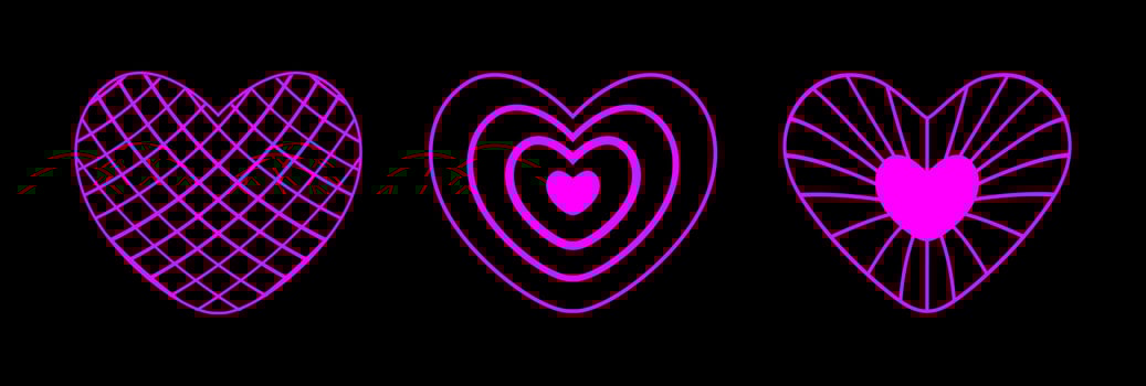 Neon pink wireframe heart shapes set on black background. Futuristic cyberpunk outline figures. Y2K retro style. vector