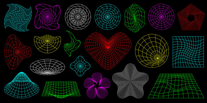 Collection of neon color 3D wireframe shapes, perspective grids and heart. Y2K design elements. vector