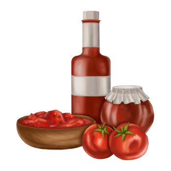 Composition with products from red tomatoes. Glass jar and bottle, wooden bowl. Digital illustration. Applicable for packaging design, postcards, prints, textiles png
