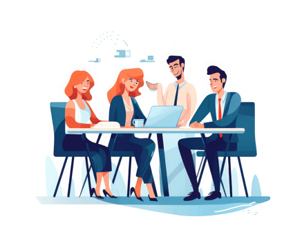 Smiling business people brainstorming collaborating on project development in corporate office . AI Generated png