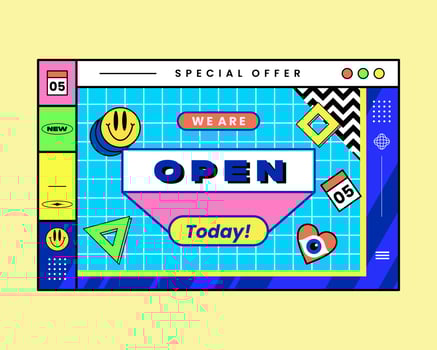 OPEN text effect pop art style illustration vector sale, business, open online shop, web page, social media clip art background, colorful type editable