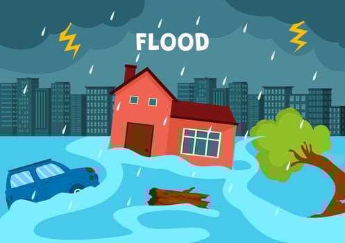 Floods Vector Illustration of The Storm Wreaked Havoc and Flooded the City with Houses and Cars Sinking in Flat Cartoon Background Templates