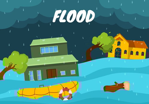 Floods Vector Illustration of The Storm Wreaked Havoc and Flooded the City with Houses and Cars Sinking in Flat Cartoon Background Templates