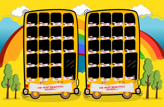 two yellow school buses with a rainbow in the background, photo frame set school, kids, fun, cheerful vector