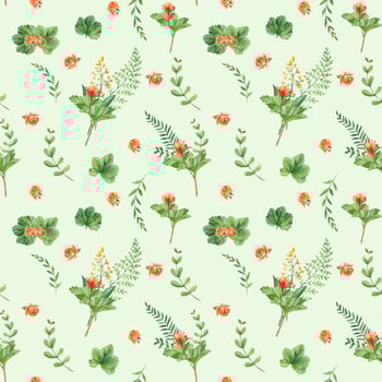 Seamless watercolor pattern with cloudberry leaves and berries, fern, green branches, yellow wildflowers. Botanical summer hand drawn illustration. Can be used for gift wrapping paper, kitchen textile vector