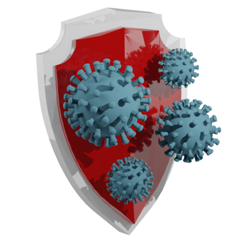 3D rendering of red crystal viruses and bacteria attack strong shield. Prevention of infection with dangerous diseases. Realistic PNG illustration isolated on transparent background