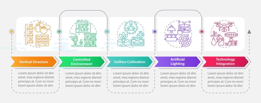Vertical farming and hydroponics vector infographics multicolor template, data visualization with 5 steps, process timeline chart.