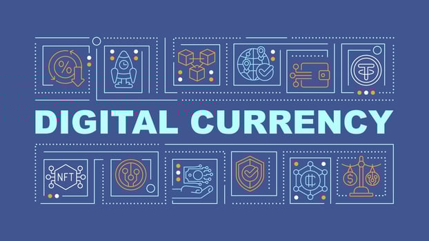 2D digital currency text concept with various icons on dark blue background, vector illustration.