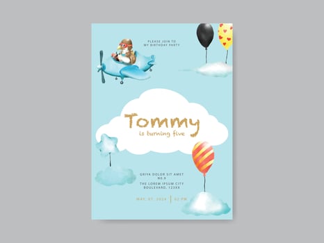 cute animal cartoon watercolor birthday invitation template vector