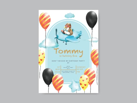 cute animal cartoon watercolor birthday invitation template vector