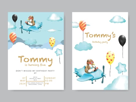 cute animal cartoon watercolor birthday invitation template vector