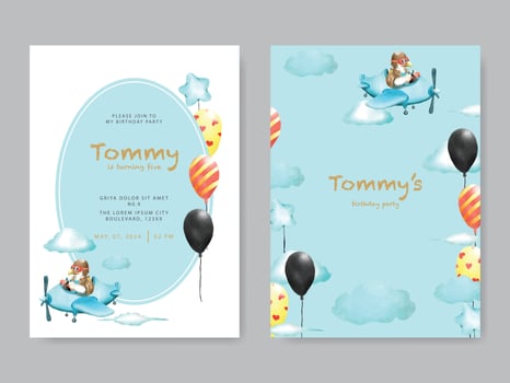 cute animal cartoon watercolor birthday invitation template vector