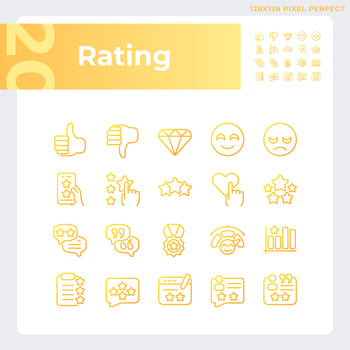 Rating pixel perfect gradient linear vector icons set. Service evaluation process. Customer experience sharing. Thin line contour symbol designs bundle. Isolated outline illustrations collection