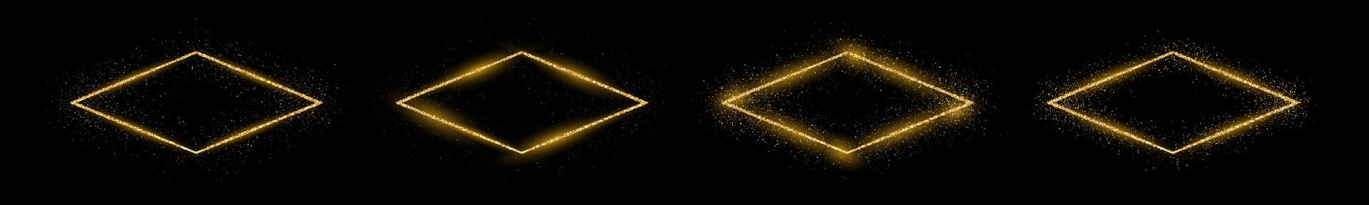 Set of four golden rhombus frame with glitter, sparkles and flares on dark background. Empty luxury backdrop. Vector illustration.