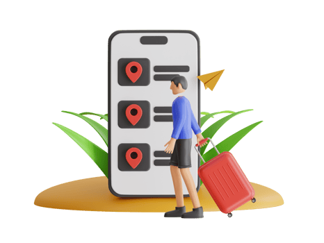 man carrying wheeled bag using smartphone to search location. Man looking for a location on his smartphone. 3d illustration png