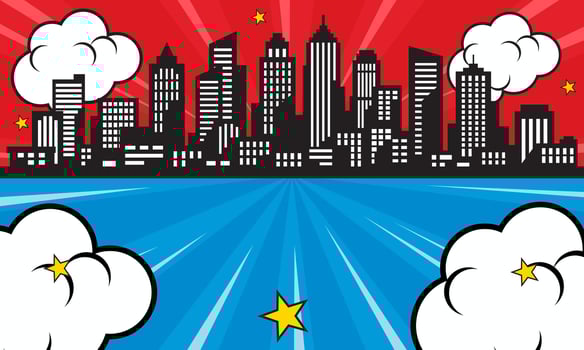pop art comic background with city silhouette and cloud illustration. flat comic style background vector