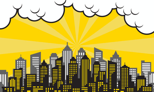 pop art comic background with city silhouette and cloud illustration. flat comic style background vector