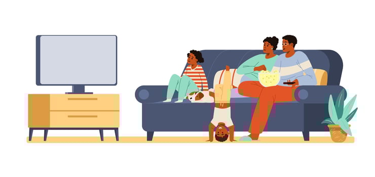 African american family with two kids and a dog watching TV together sitting on the couch flat vector illustration.