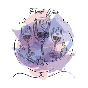 Group of traditional french wine glasses Watercolor sketch Vector illustration